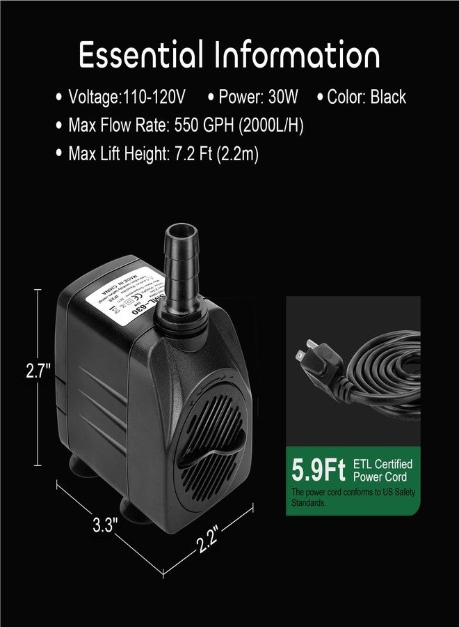 GROWNEER 2 Packs 550GPH Submersible Pump 30W Ultra Quiet Fountain Water Pump, 2000L/H, with 7.2ft High Lift, 3 Nozzles for Aquarium, Fish Tank, Pond, Hydroponics, Statuary - Image 4